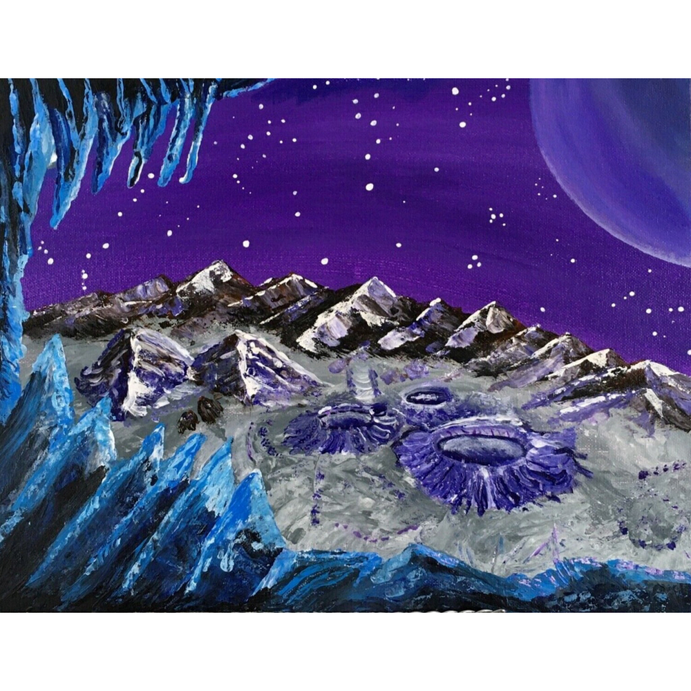 TJP Studio Original Ice Moon Painting 14x11 Blue Purple Outer Space Planet Art